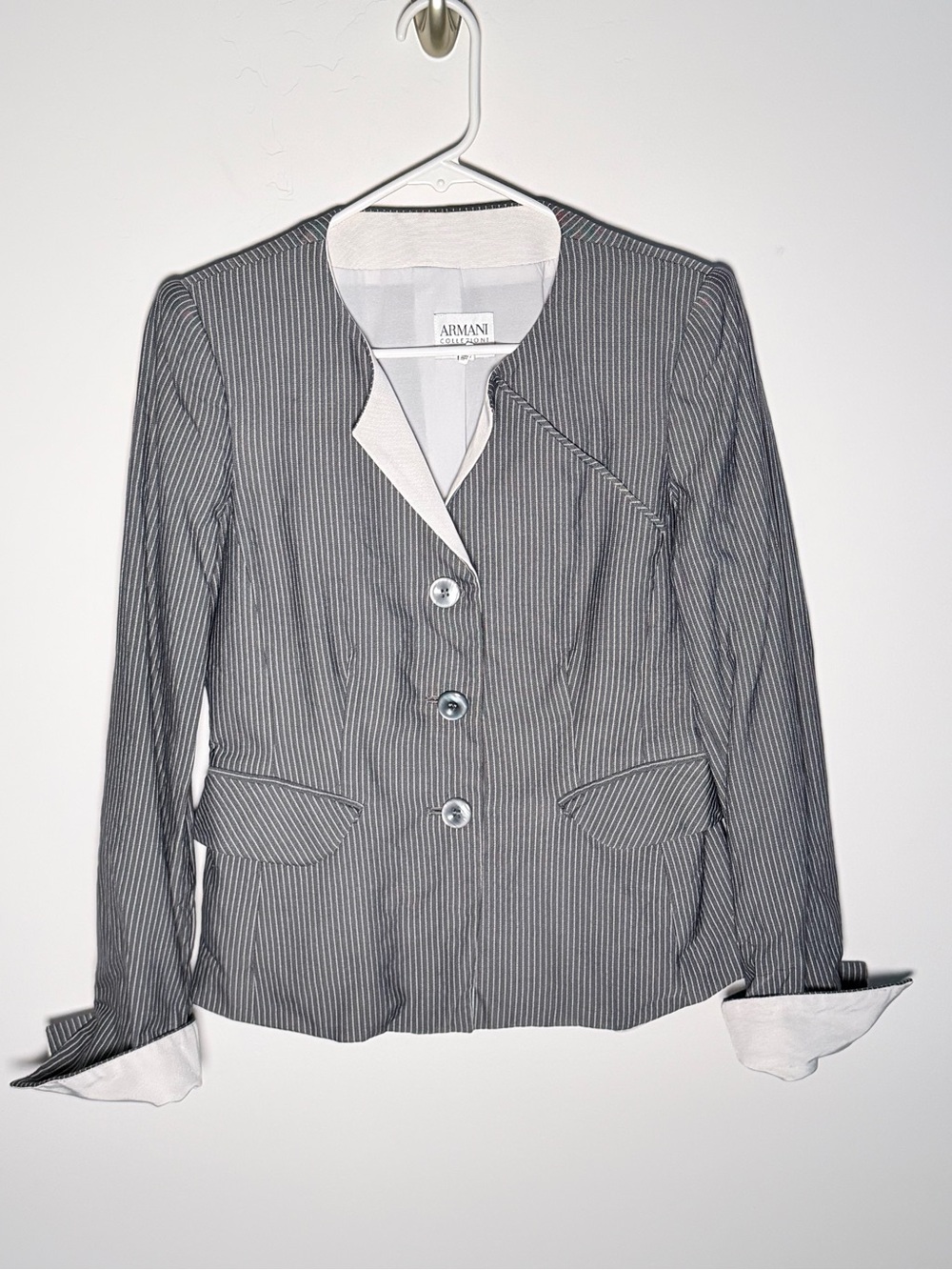 Armani Collezioni Women’s Gray Black Pinstripe Collarless Blazer - Picture 1 of 9